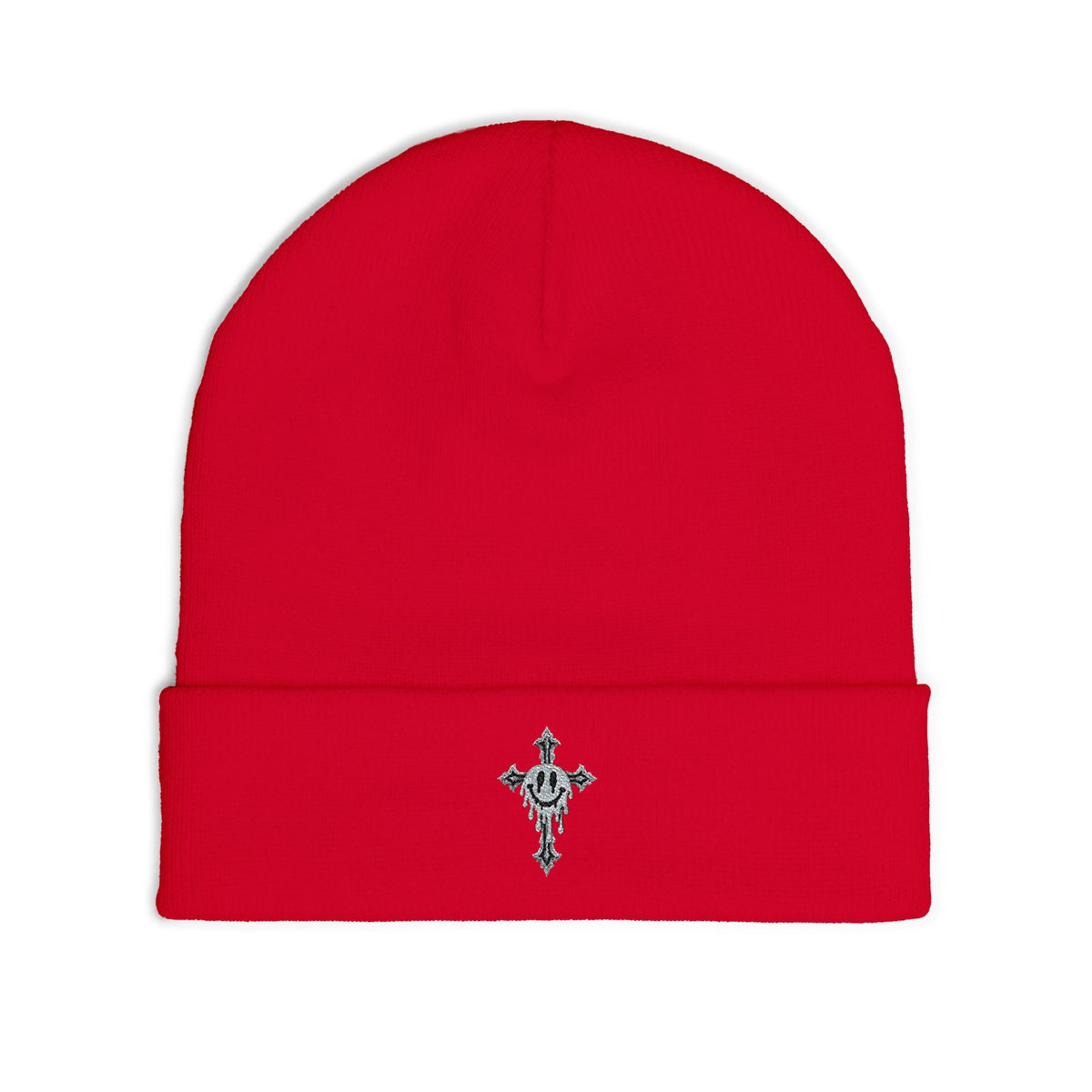 Embroidered Cross Knit Beanie