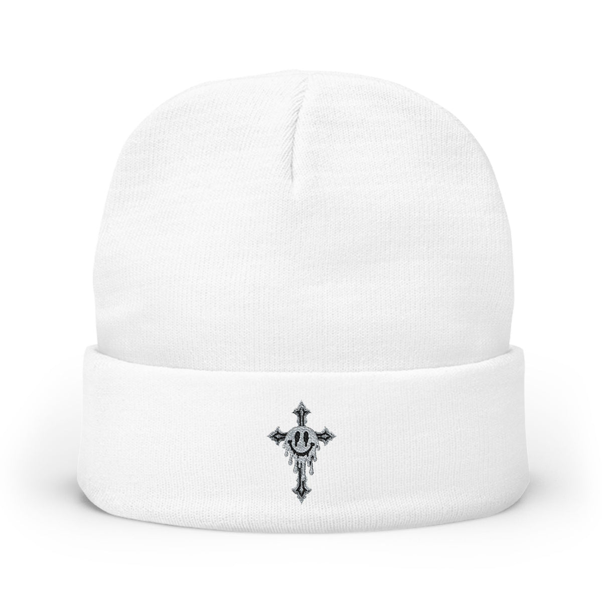 Embroidered Cross Knit Beanie