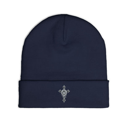 Embroidered Cross Knit Beanie