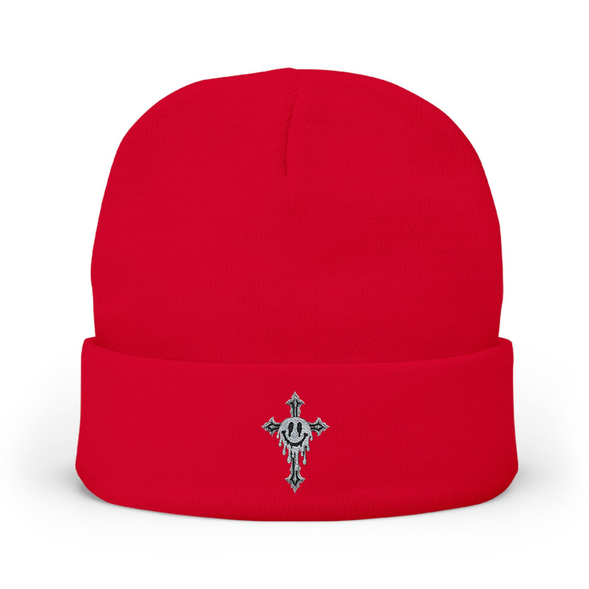 Embroidered Cross Knit Beanie